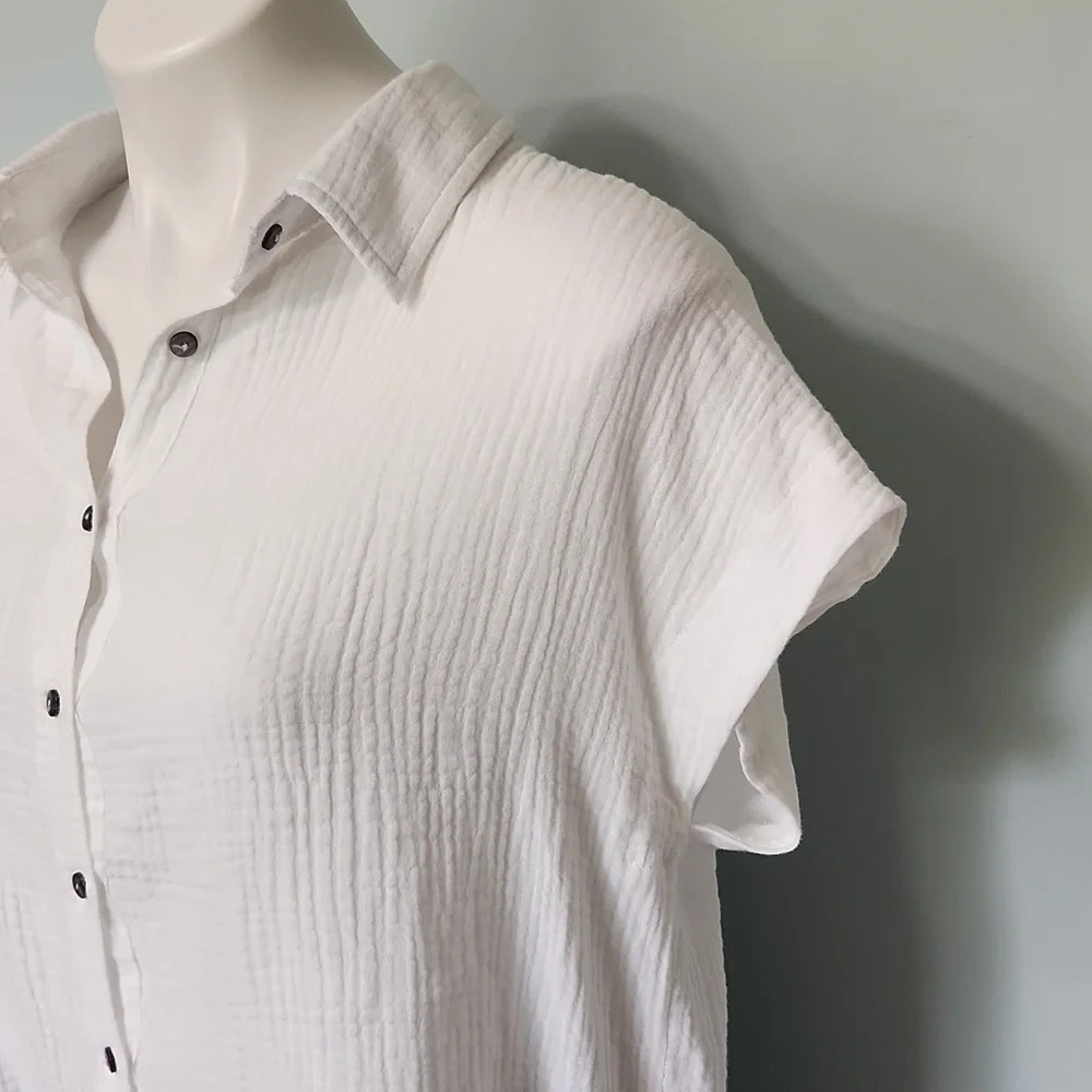 Faroro White Button Down Top High Low Lightweight Summer Blouse - Picture 6 of 12